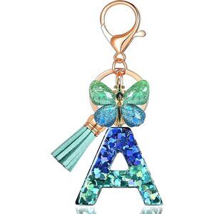 🆕 Women Blue Initial letter Keychains Tassel Butterfly Cute Car Wallet Backpack